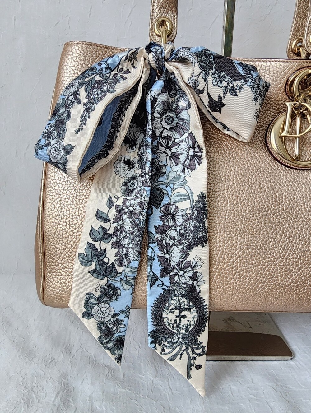 Auth Fendi Floral Wrap Scarf in Cream, Light Blue and Black